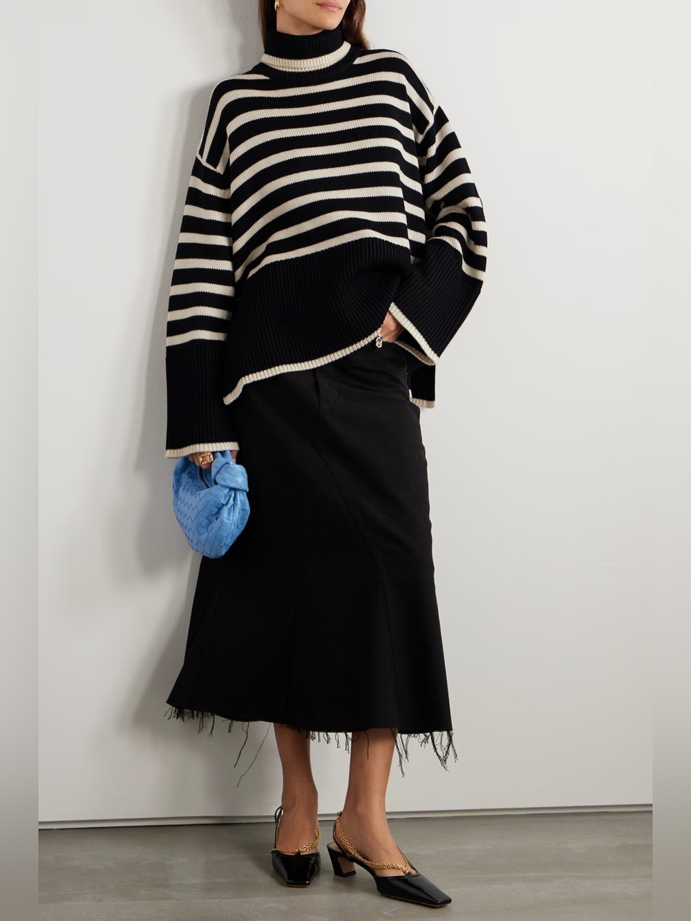 TOTEME Signature Striped Wool Blend Turtleneck Sweater Black Beige M Retail $570 - Picture 6 of 13